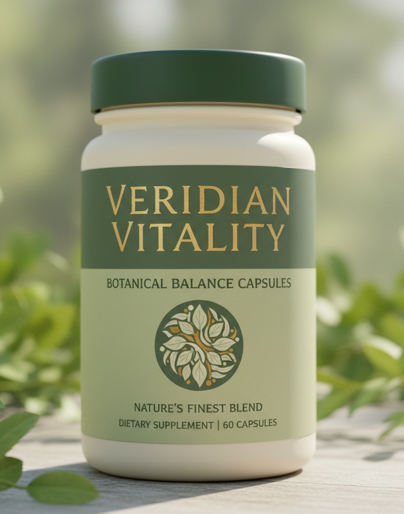 Veridian Vitality daily formula in a minimal green and sand toned bottle